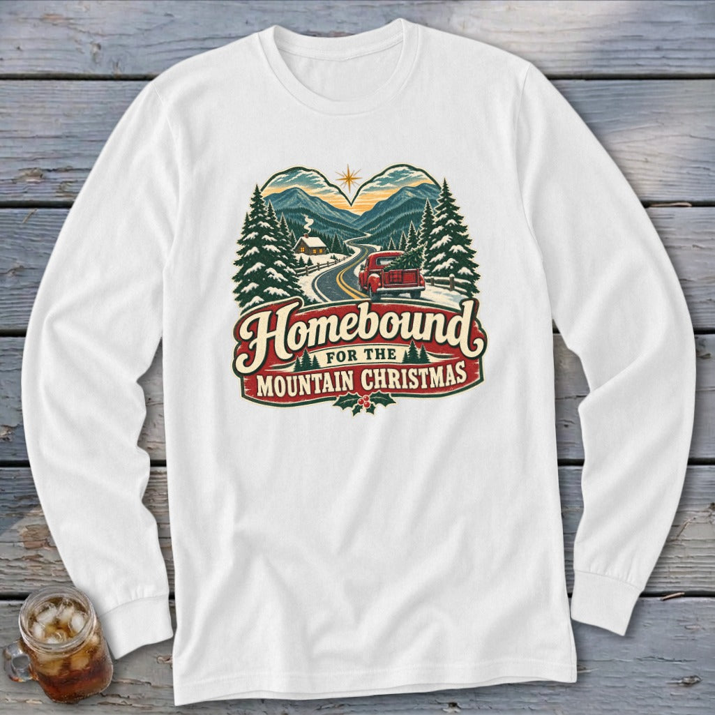 White long-sleeve shirt with "Homebound for the Mountain Christmas" graphic.