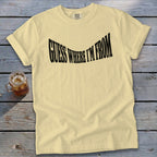 Yellow Comfort Colors t-shirt with "GUESS WHERE I'M FROM" text in black.