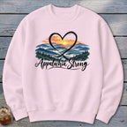 Pink sweatshirt with a heart framing a mountain sunrise and the text "Appalachia Strong."