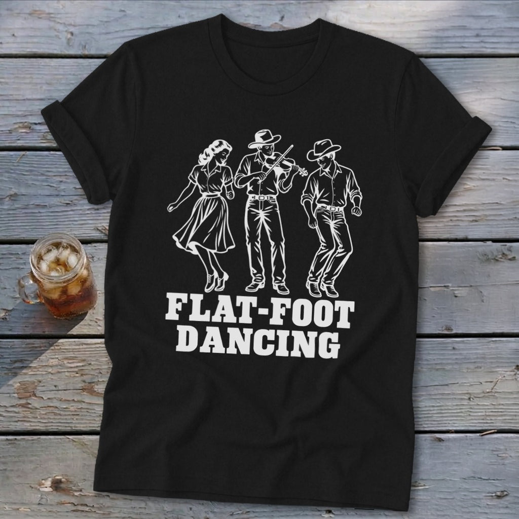 Black t-shirt with white flat-foot dancing illustration and text.
