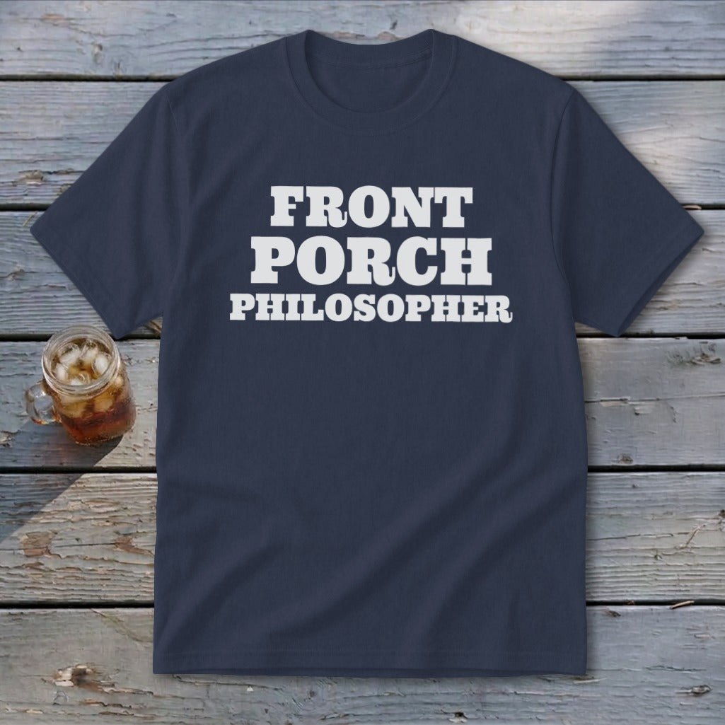 Navy t-shirt with white text reading "FRONT PORCH PHILOSOPHER".