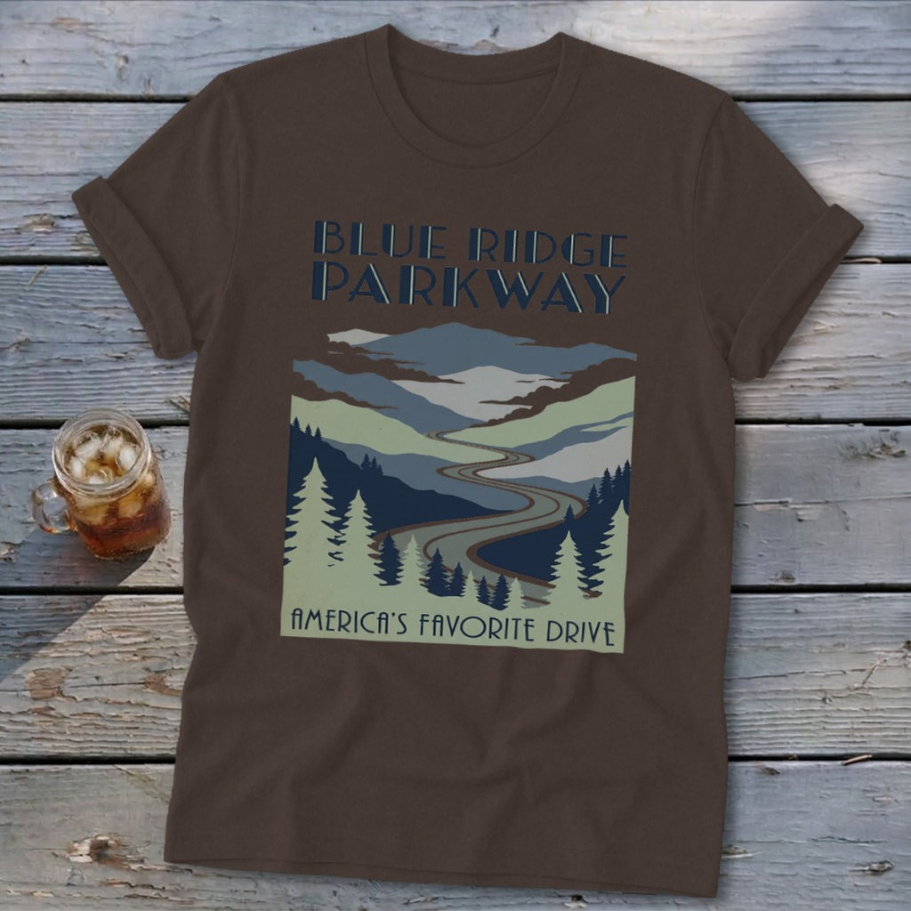 A brown t-shirt featuring a Blue Ridge Parkway mountain graphic and the text America's Favorite Drive.