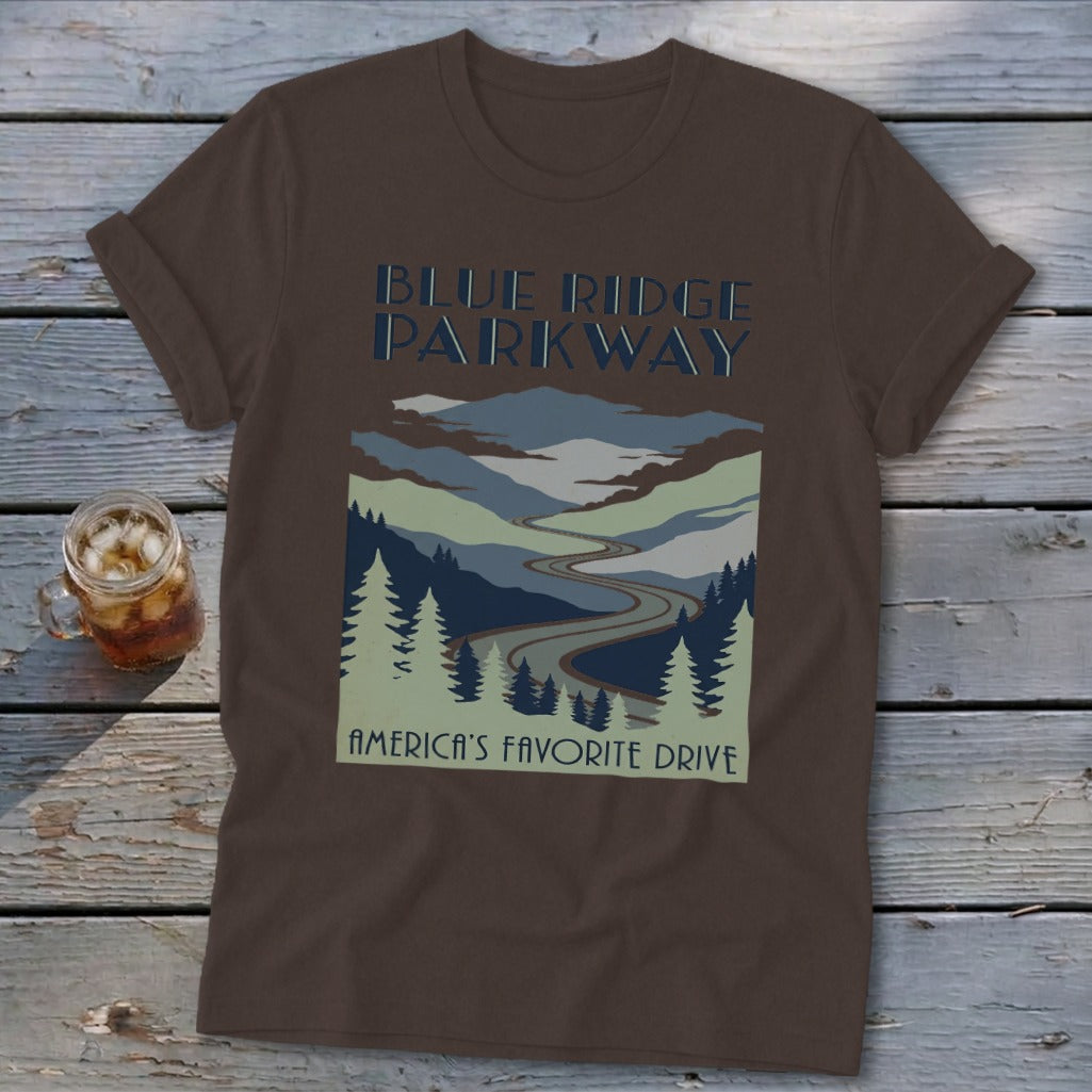 A brown t-shirt featuring a Blue Ridge Parkway mountain graphic and the text America's Favorite Drive.