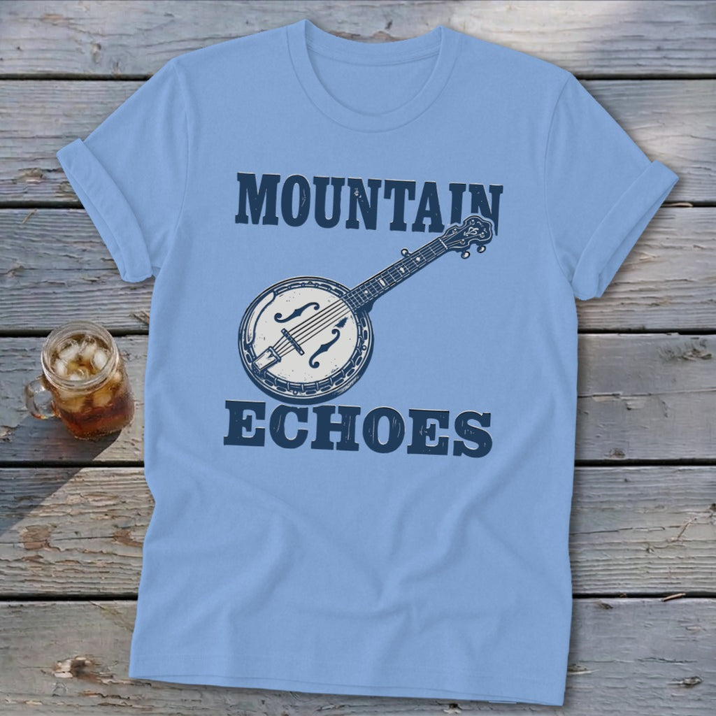 A light blue t-shirt printed with a banjo graphic and the text Mountain Echoes.