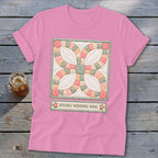 Pink t-shirt with a Double Wedding Ring quilt block design and text.