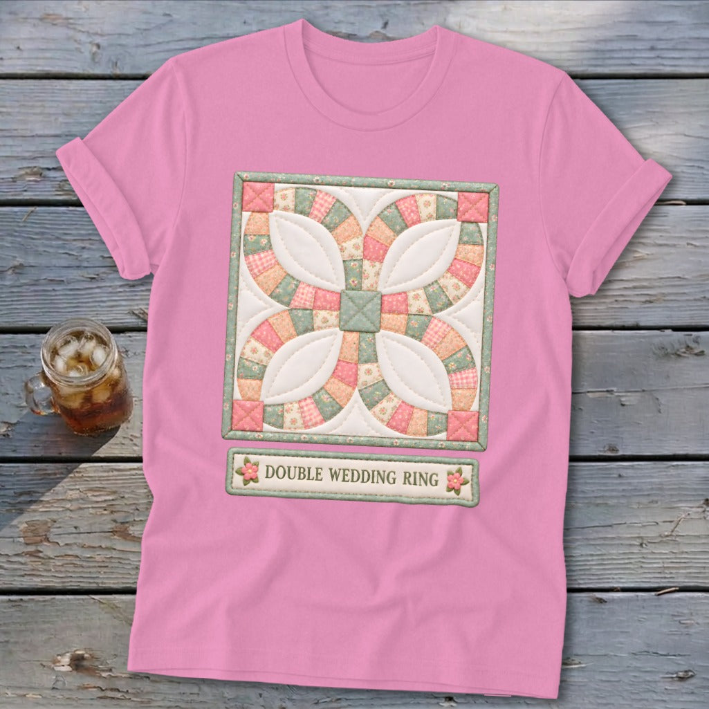 Pink t-shirt with a Double Wedding Ring quilt block design and text.