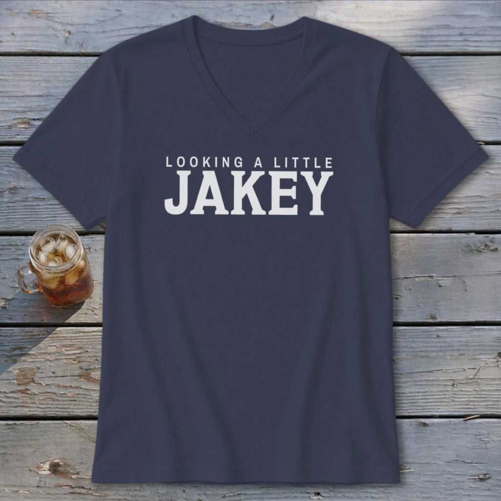 Navy v-neck t-shirt with white text "LOOKING A LITTLE JAKEY".