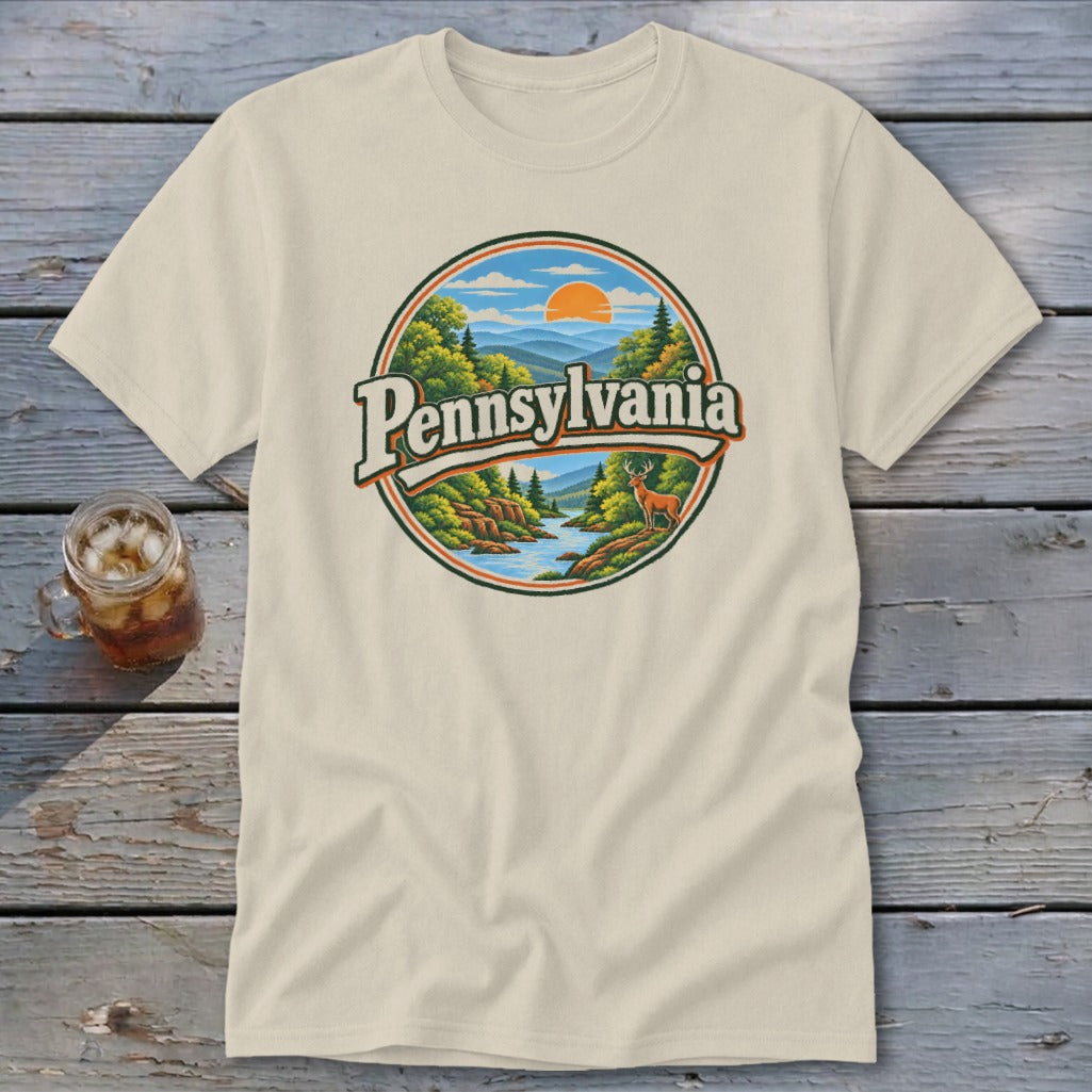Pennsylvania graphic tee with a scenic mountain landscape and deer.