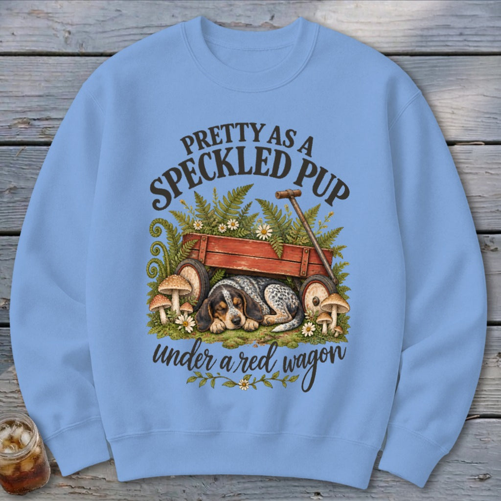 Blue sweatshirt with "Pretty as a Speckled Pup" and a dog under a red wagon.