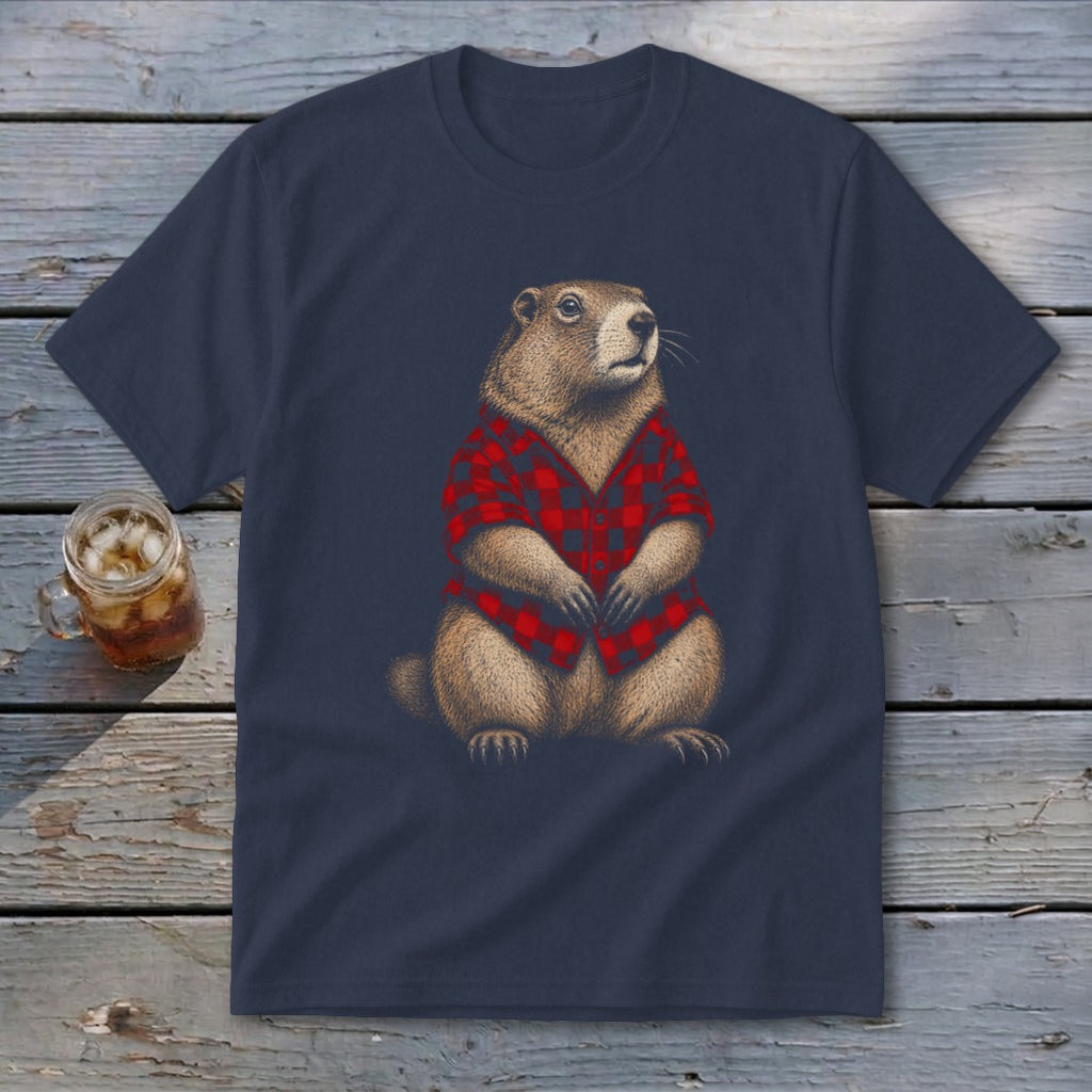 Navy t-shirt with a graphic of a groundhog wearing a red plaid shirt.
