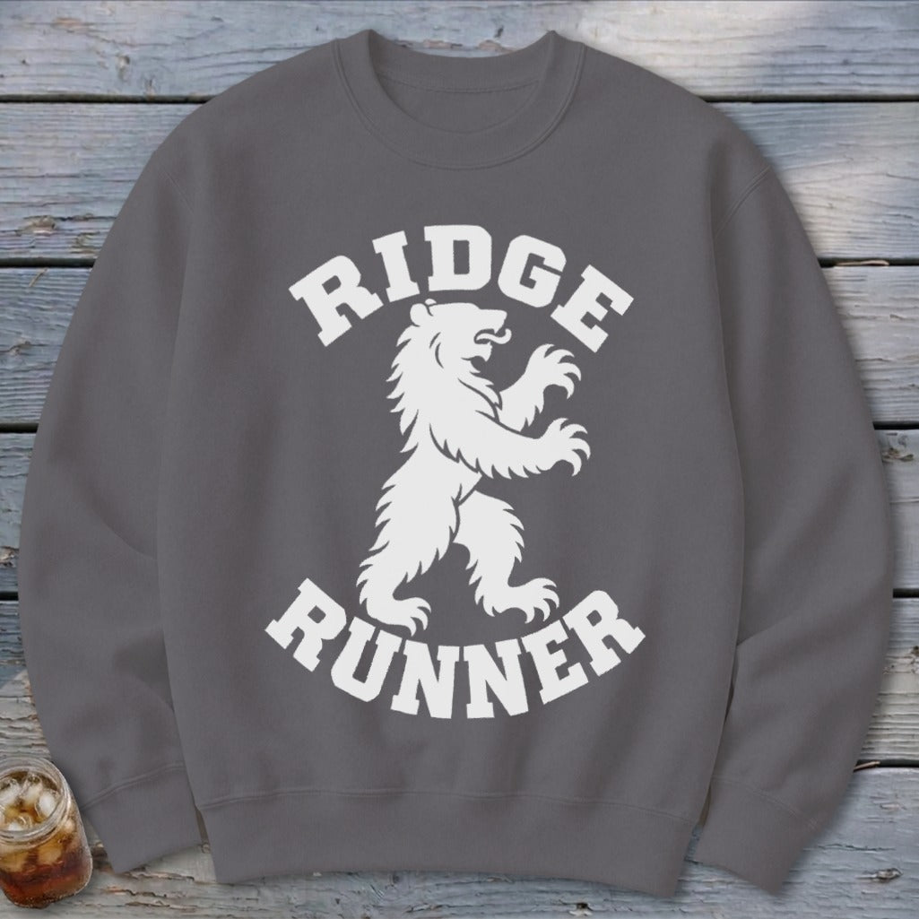 Grey crewneck sweatshirt with white "RIDGE RUNNER" text and a white bear graphic.