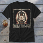Black t-shirt with a vintage lantern graphic and text "BUILT TO LAST."