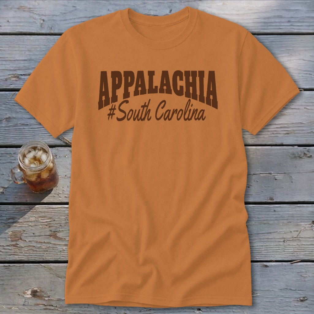 Orange t-shirt with "Appalachia #South Carolina" text in brown.