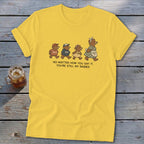 Yellow t-shirt with cartoon bears walking, saying "You'uns," "Yinz," "Y'all," and "Appalachian Mama."