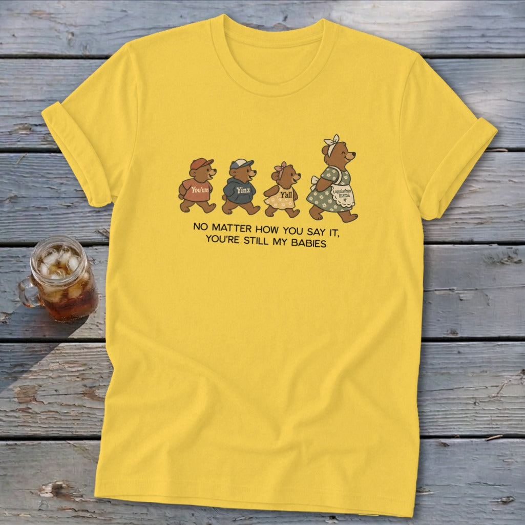 Yellow t-shirt with cartoon bears walking, saying "You'uns," "Yinz," "Y'all," and "Appalachian Mama."