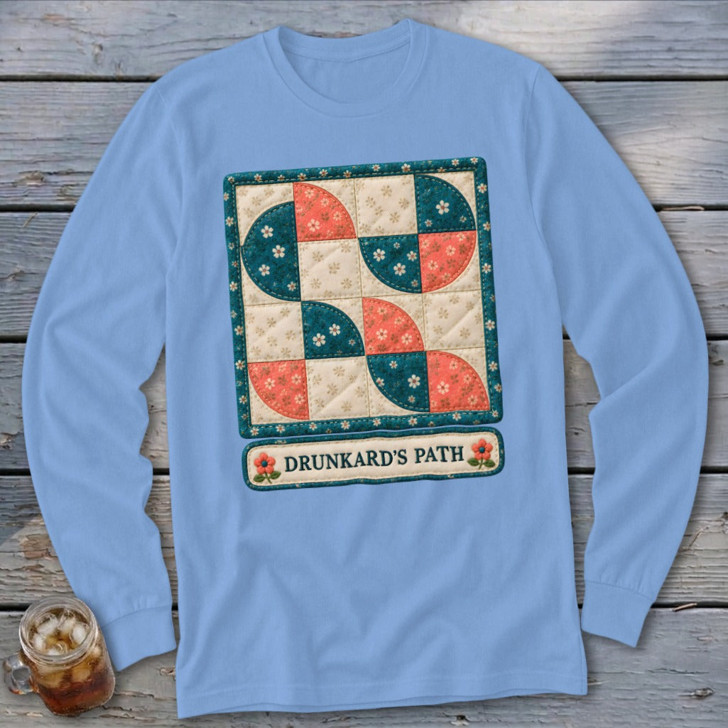 Long sleeve light blue shirt with a quilt design and "Drunkard's Path" text.