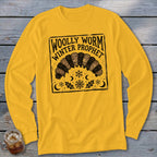 Gold long-sleeved t-shirt featuring a black block-print design of a woolly worm, snowflakes, and the text Woolly Worm Winter Prophet.