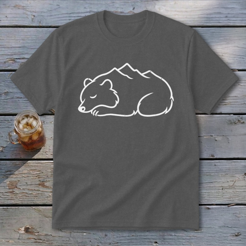 Gray t-shirt with a white outline of a sleeping bear and mountains.
