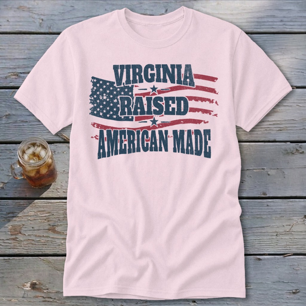 Light pink t-shirt with distressed US flag graphic and text: Virginia Raised American Made.