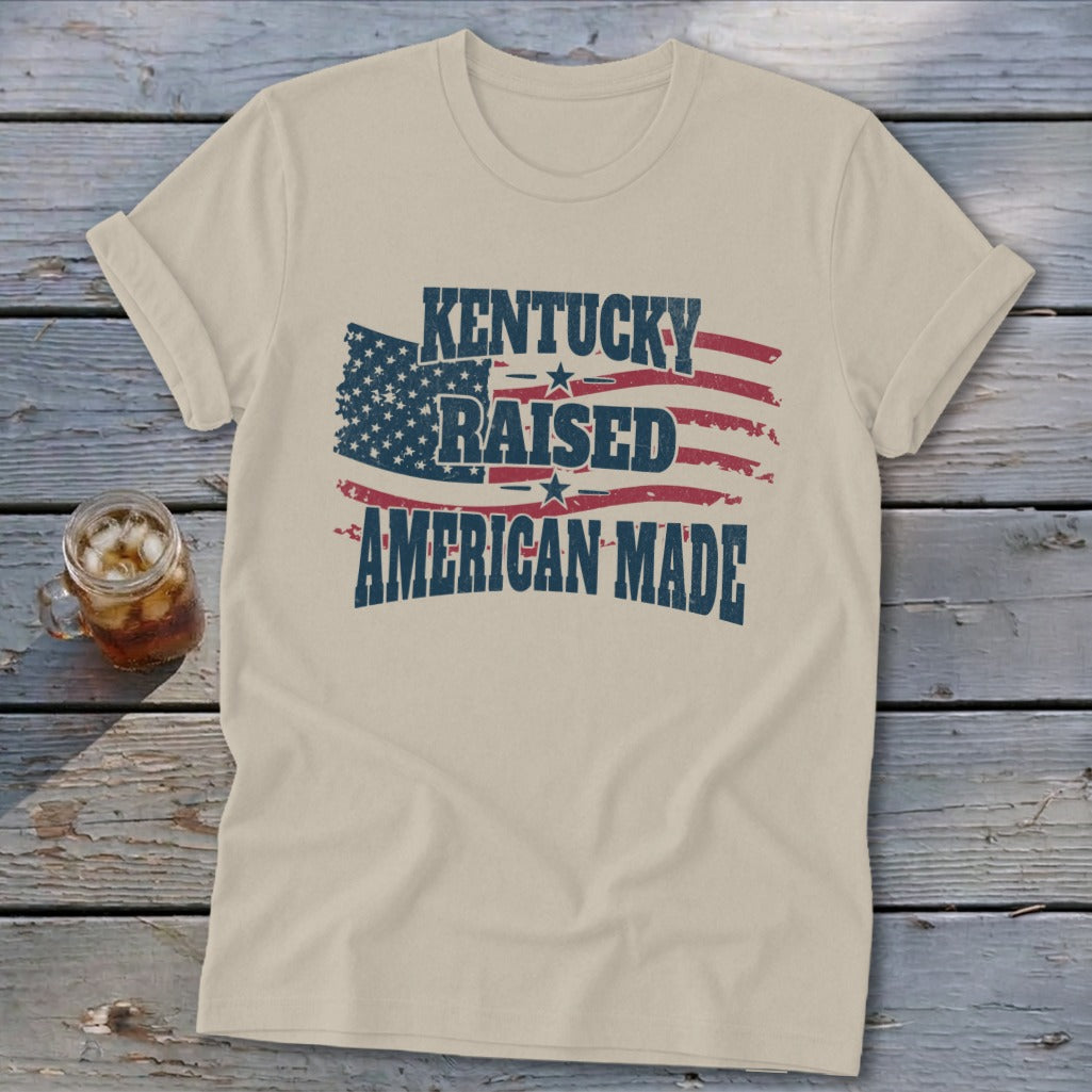 T-shirt with distressed American flag graphic and "Kentucky Raised American Made" text.