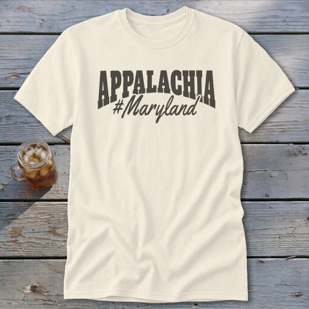 Cream t-shirt with "APPALACHIA #Maryland" printed in dark gray.