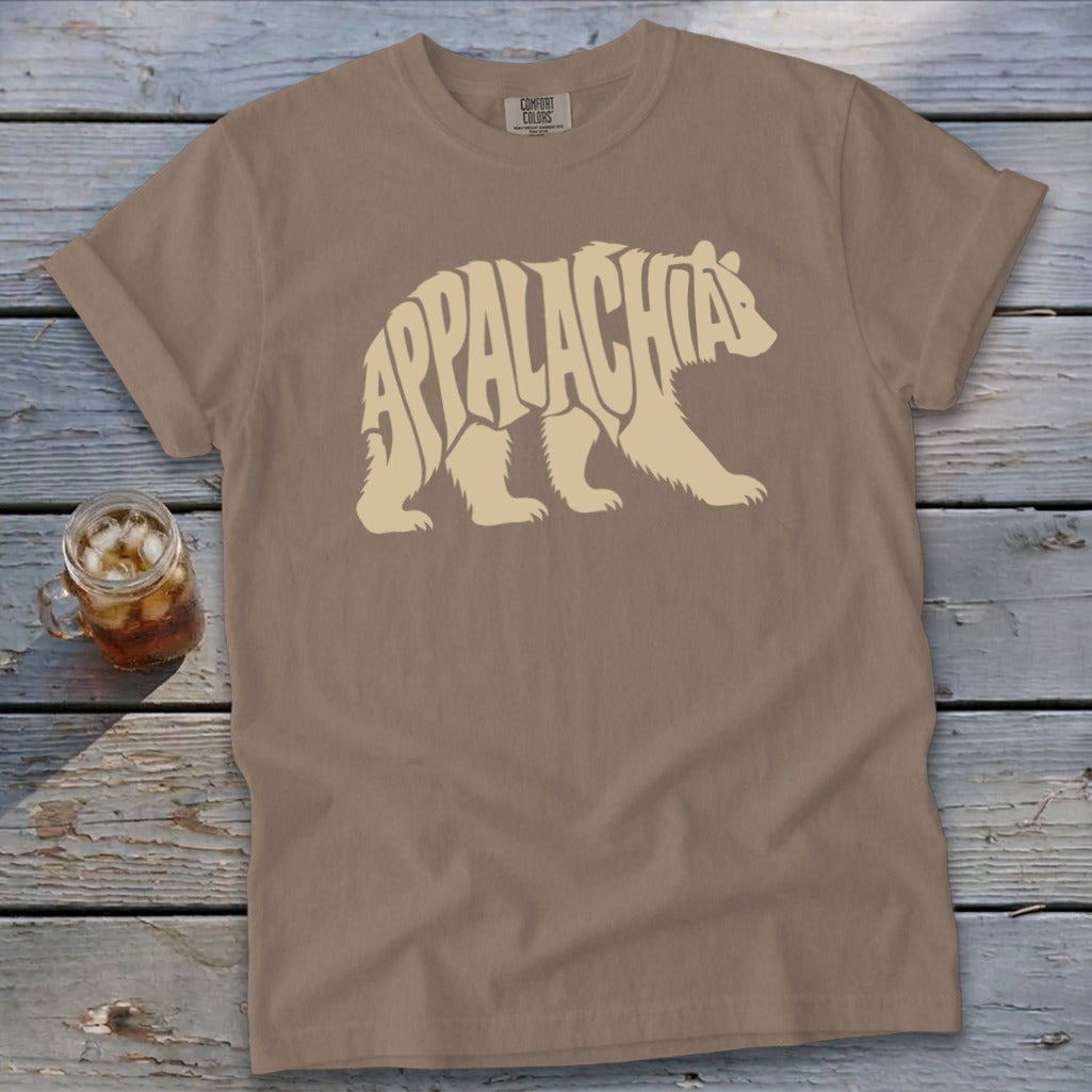 Brown crewneck t-shirt featuring a beige graphic of a walking bear filled with the word Appalachia.