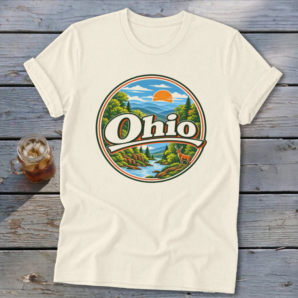 Cream t-shirt with a circular Ohio nature graphic featuring a river, deer, and mountains.
