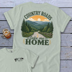 Shirt back with scenic mountain road and text "Country Roads Take Me Home".