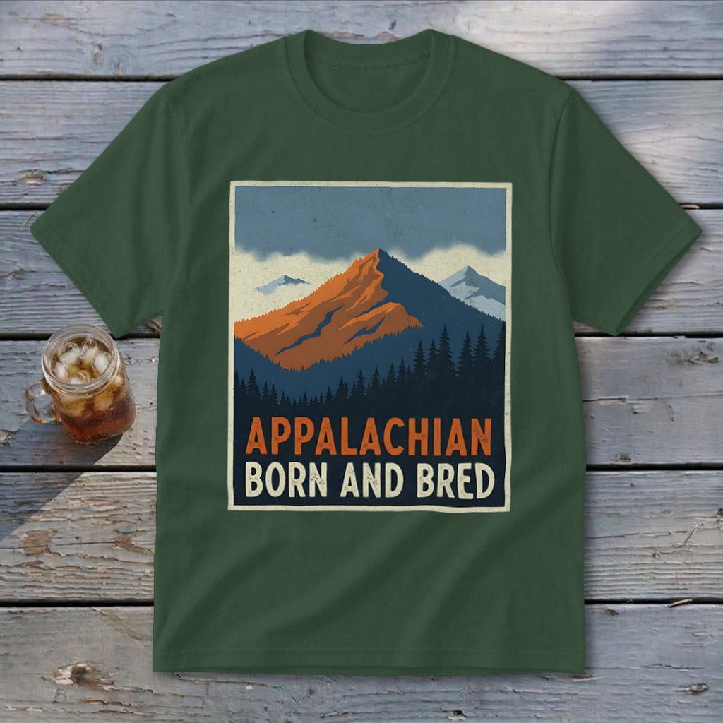 A forest green crew neck t-shirt featuring a retro mountain graphic with Appalachian Born and Bred text.