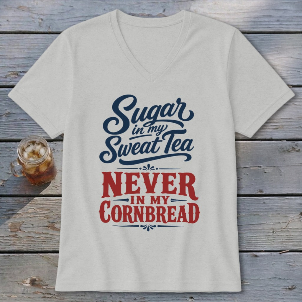 Light grey V-neck t-shirt featuring navy and red text that reads Sugar in my Sweat Tea NEVER IN MY CORNBREAD.