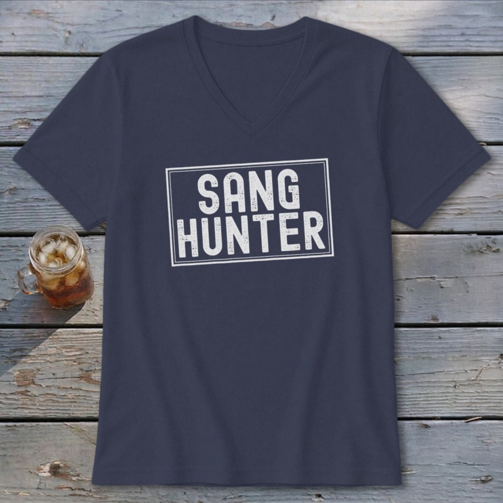 Navy V-neck t-shirt with white "SANG HUNTER" text in a rectangle.