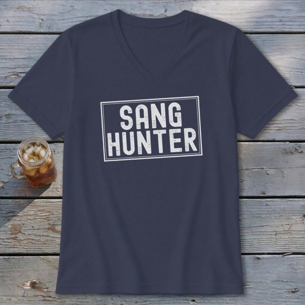 Navy V-neck t-shirt with white "SANG HUNTER" text in a rectangle.