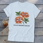 White t-shirt with orange flame azalea illustration and text.