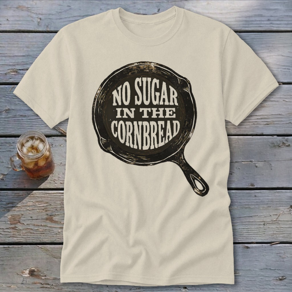 Cream t-shirt with a cast iron skillet graphic saying "No Sugar in the Cornbread".