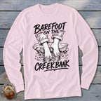 Long sleeve pink shirt with "Barefoot on the Creek Bank" text and graphic.