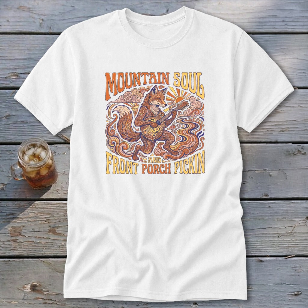 White t-shirt with "Mountain Soul and Front Porch Pickin'" text and fox playing guitar design.