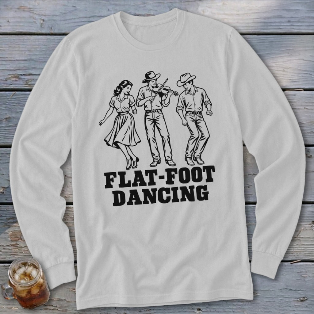 White long-sleeve shirt with "FLAT-FOOT DANCING" text and dancing figures.