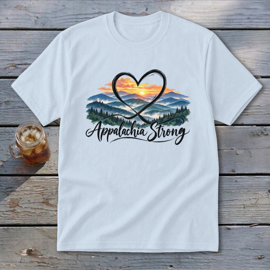 Light blue t-shirt with a heart-shaped mountain sunset design and "Appalachia Strong" text.
