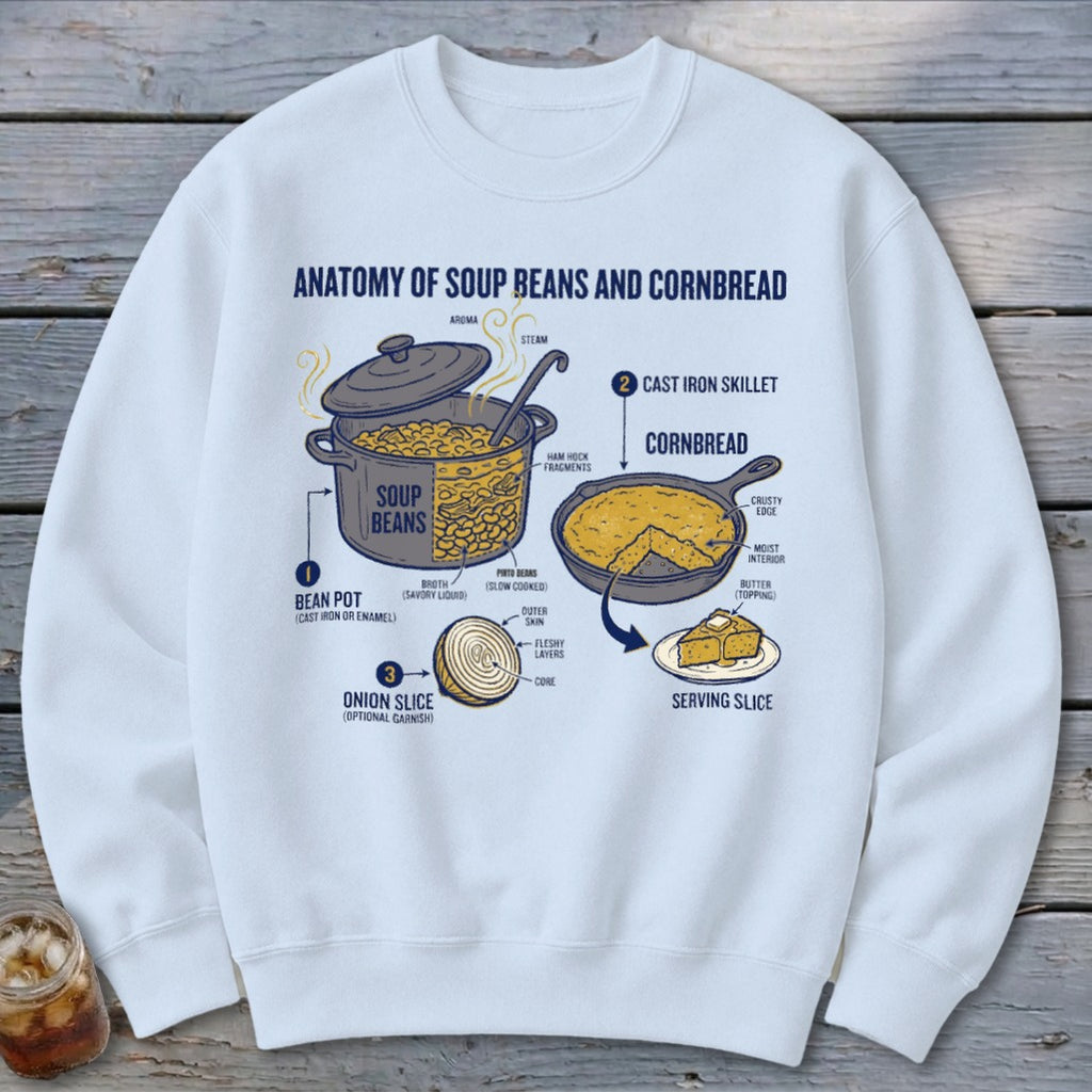 Diagram of soup beans, cornbread in a cast iron skillet, and onion slice.