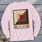Pink long-sleeve shirt with a square log cabin quilt block design and "LOG CABIN" text.