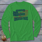 Bright green long-sleeved shirt with "OHIO RAISED AMERICAN MADE" and a distressed American flag graphic.
