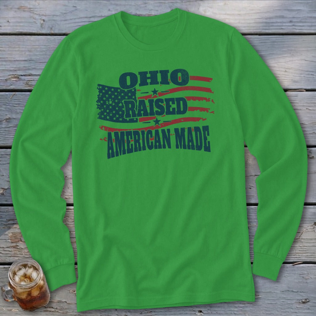 Bright green long-sleeved shirt with "OHIO RAISED AMERICAN MADE" and a distressed American flag graphic.