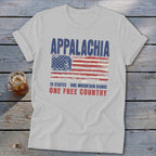 Light gray crewneck t-shirt featuring a distressed American flag graphic with the text Appalachia, 13 states, and one free country.