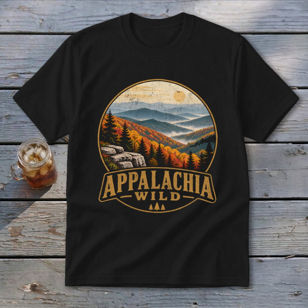 Black t-shirt with "Appalachia Wild" text and mountain landscape graphic.