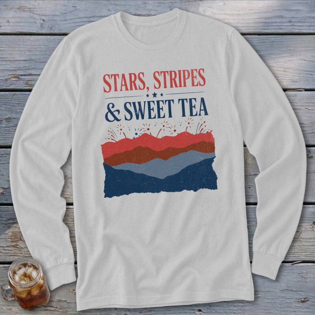 Light gray long-sleeve t-shirt with red, white, and blue text reading Stars, Stripes & Sweet Tea.