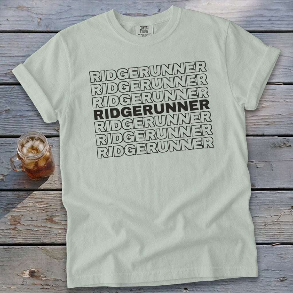 Light green t-shirt with "RIDGERUNNER" text repeated in black lines.