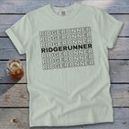 Light green t-shirt with "RIDGERUNNER" text repeated in black lines.