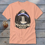 Peach t-shirt with "Moonbow Night" text, waterfall, moon, and rainbow graphic.