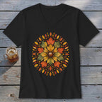 Black t-shirt with a circular autumn leaf and acorn design on the chest.