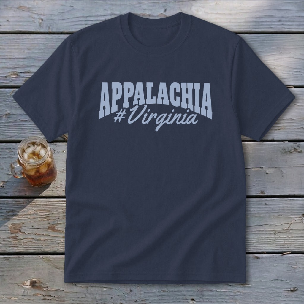 Navy t-shirt with white "APPALACHIA #Virginia" text on chest.